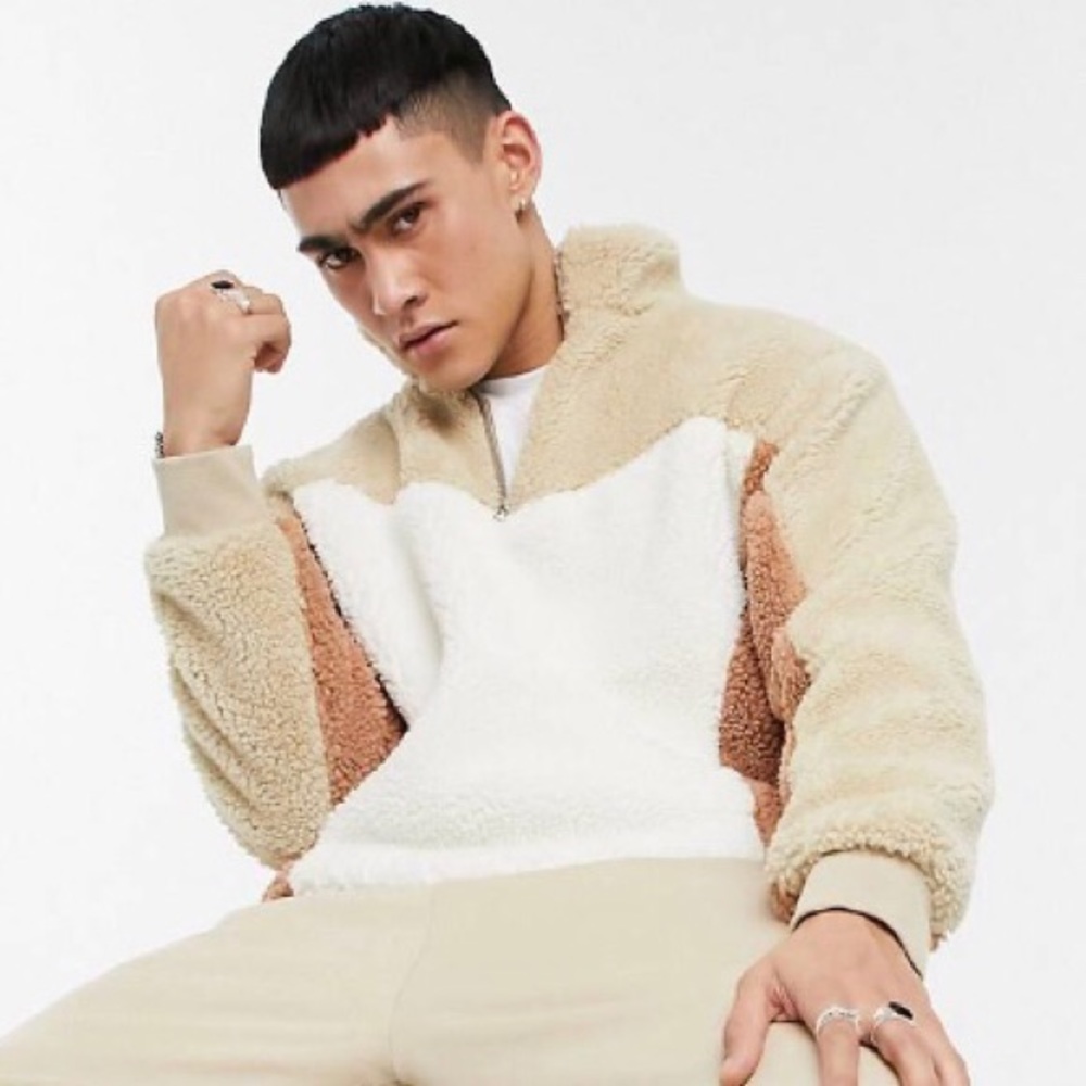 Topman borg 1/4 zip cut & sew sweatshirt in stone 🧥